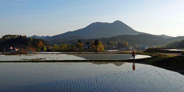 御杖村の山を背景に田んぼが広がる風景写真